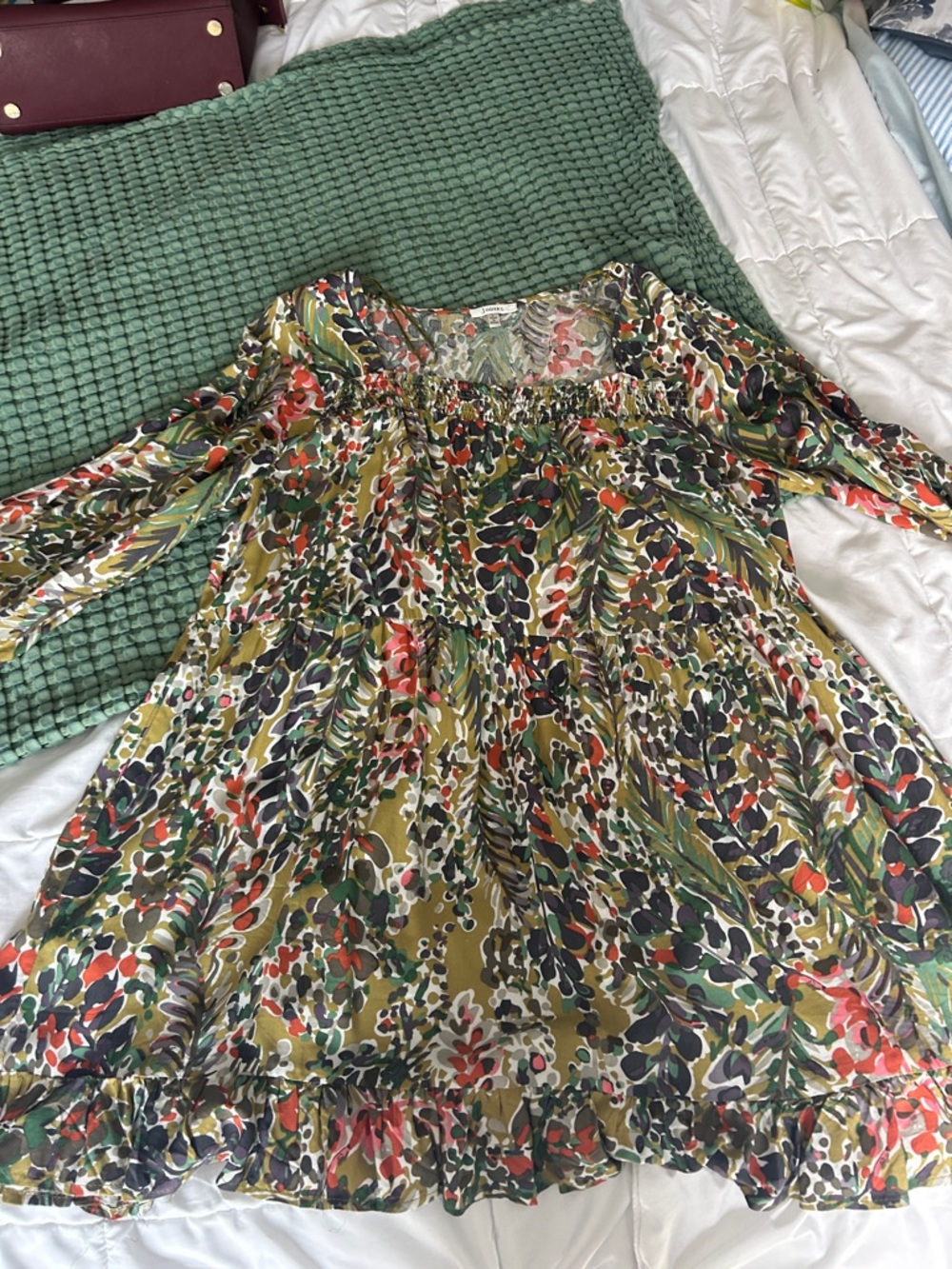 JODIFL Olive Green Floral Boho Dress with Coral & Navy Accents